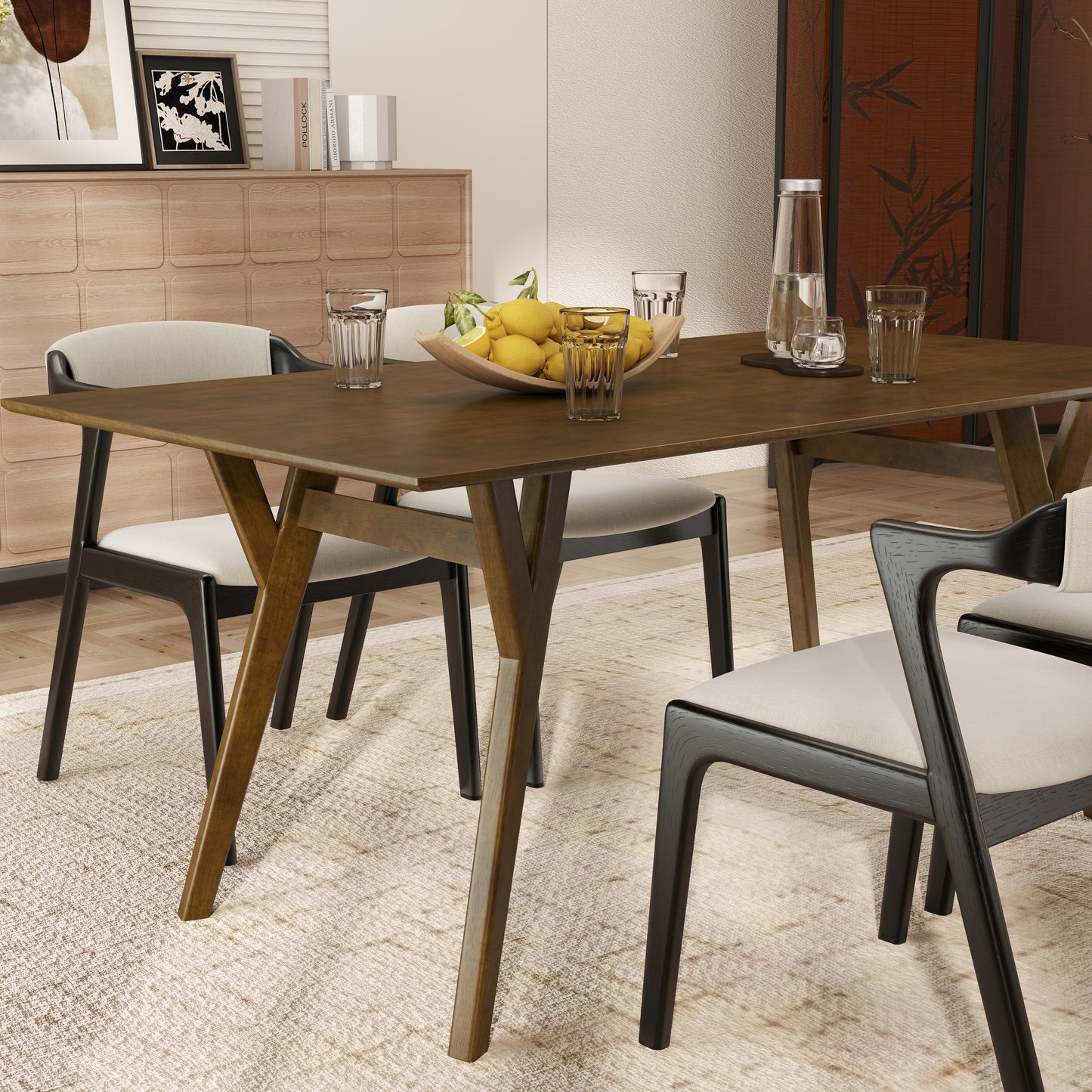 Roundhill Furniture Lavin Modern 5-Piece Dining Set, Walnut Finished Dining Table with 4 Chairs