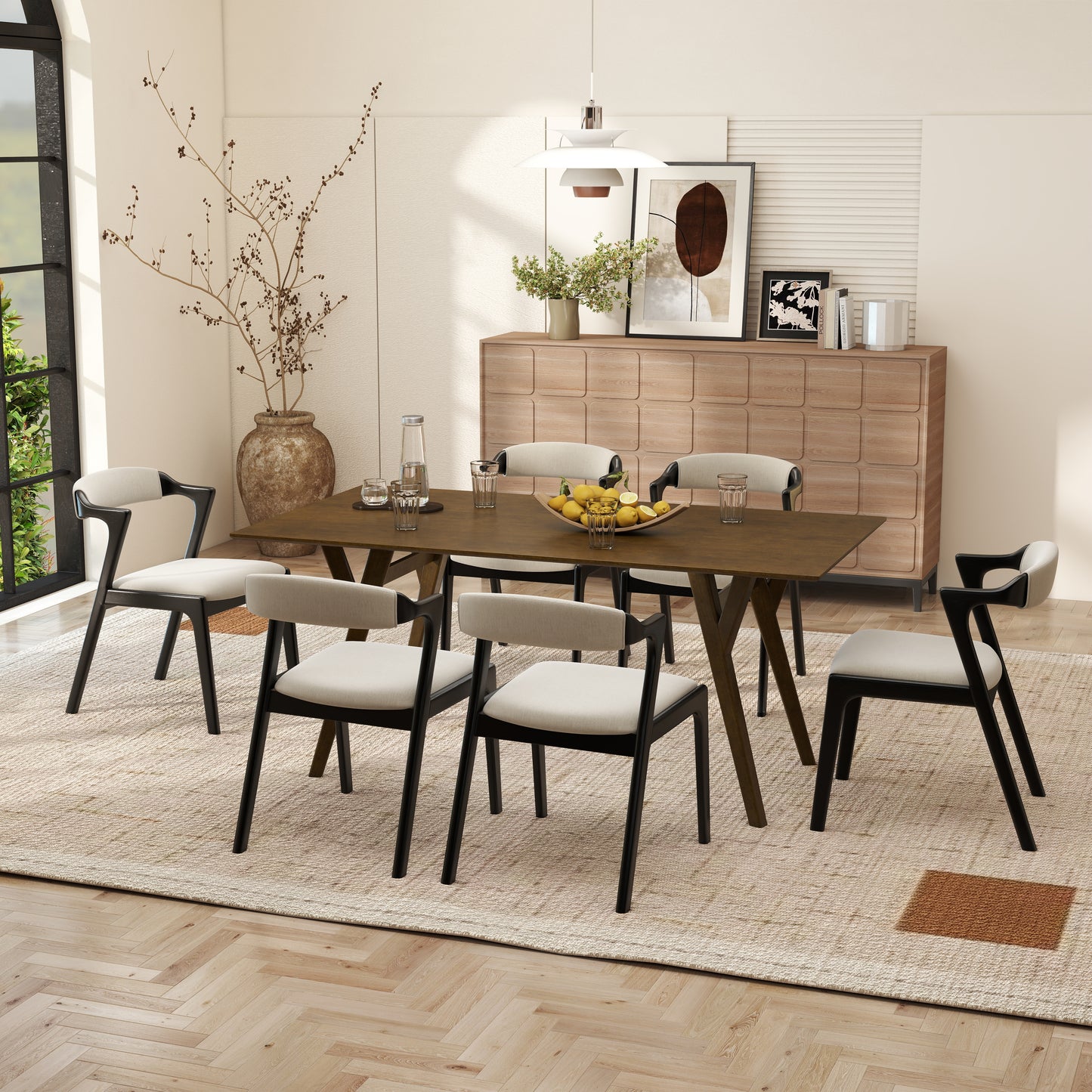 Roundhill Furniture Lavin Modern 7-Piece Dining Set, Walnut Finished Dining Table with 6 Chairs