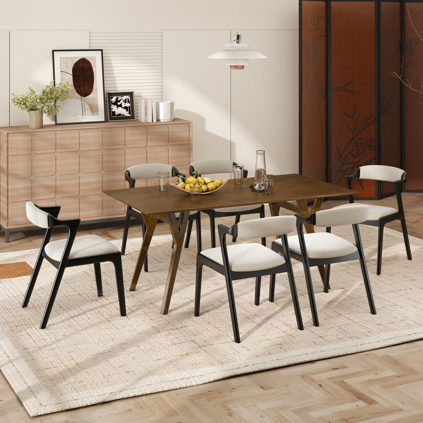 Roundhill Furniture Lavin Modern 7-Piece Dining Set, Walnut Finished Dining Table with 6 Chairs