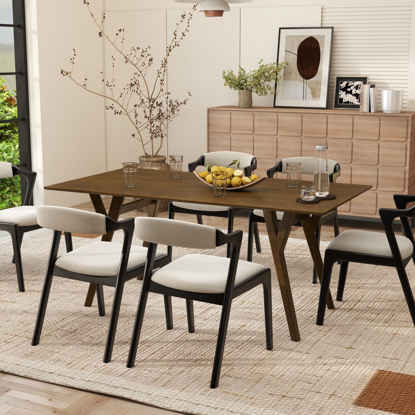 Roundhill Furniture Lavin Modern 7-Piece Dining Set, Walnut Finished Dining Table with 6 Chairs
