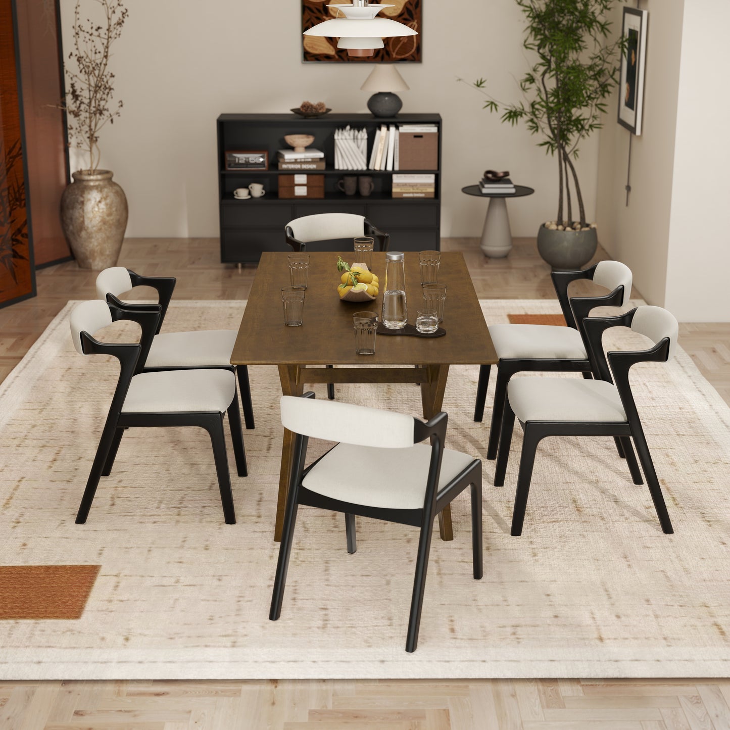 Roundhill Furniture Lavin Modern 7-Piece Dining Set, Walnut Finished Dining Table with 6 Chairs
