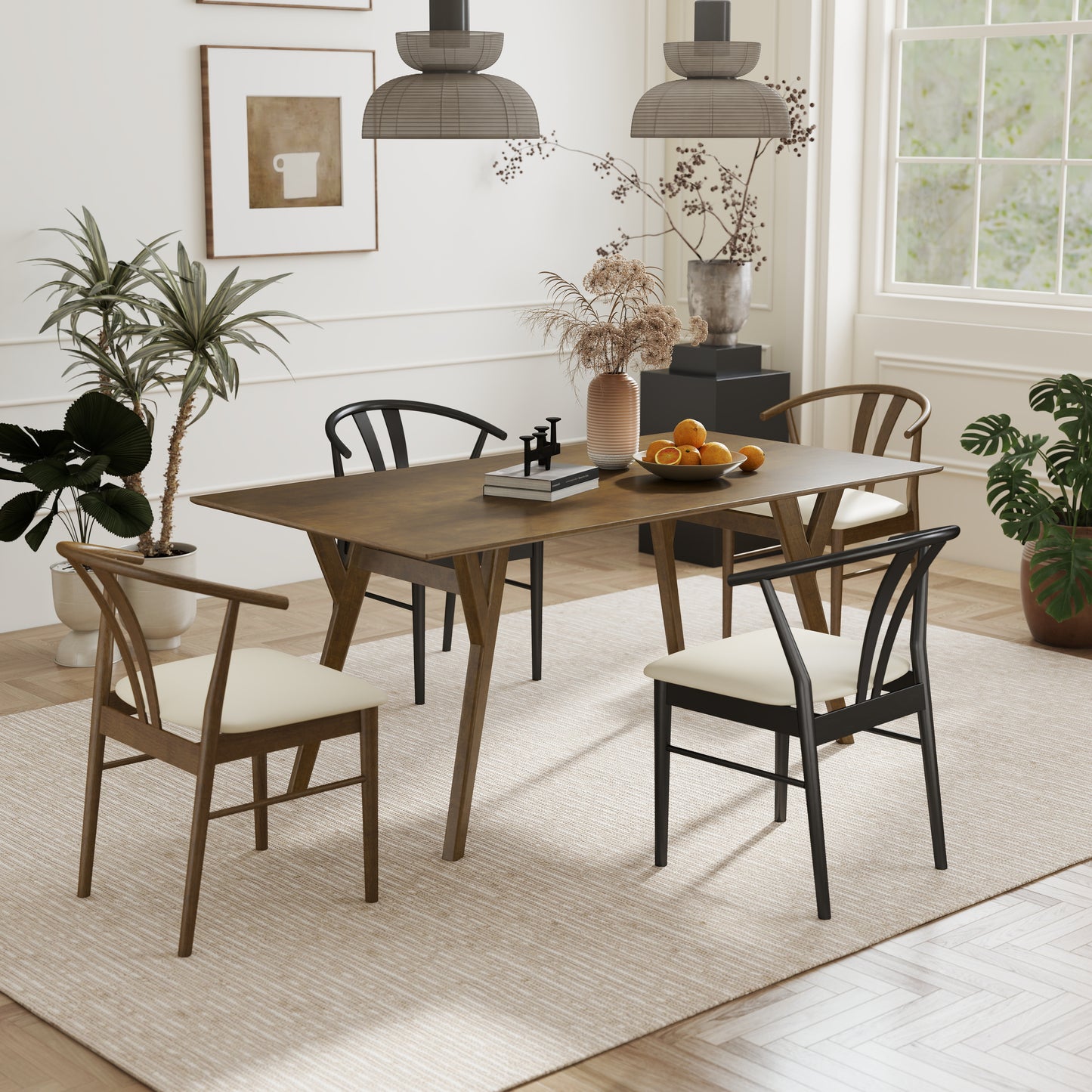 Roundhill Furniture Lavin Modern 5-Piece Dining Set, Dining Table with 2 Walnut and 2 Black Wishbone Chairs