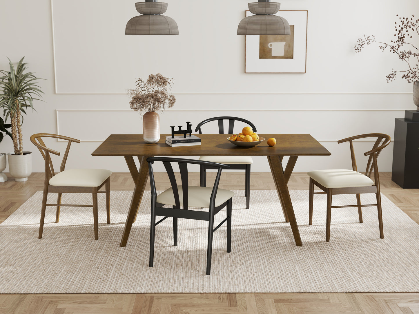 Roundhill Furniture Lavin Modern 5-Piece Dining Set, Dining Table with 2 Walnut and 2 Black Wishbone Chairs