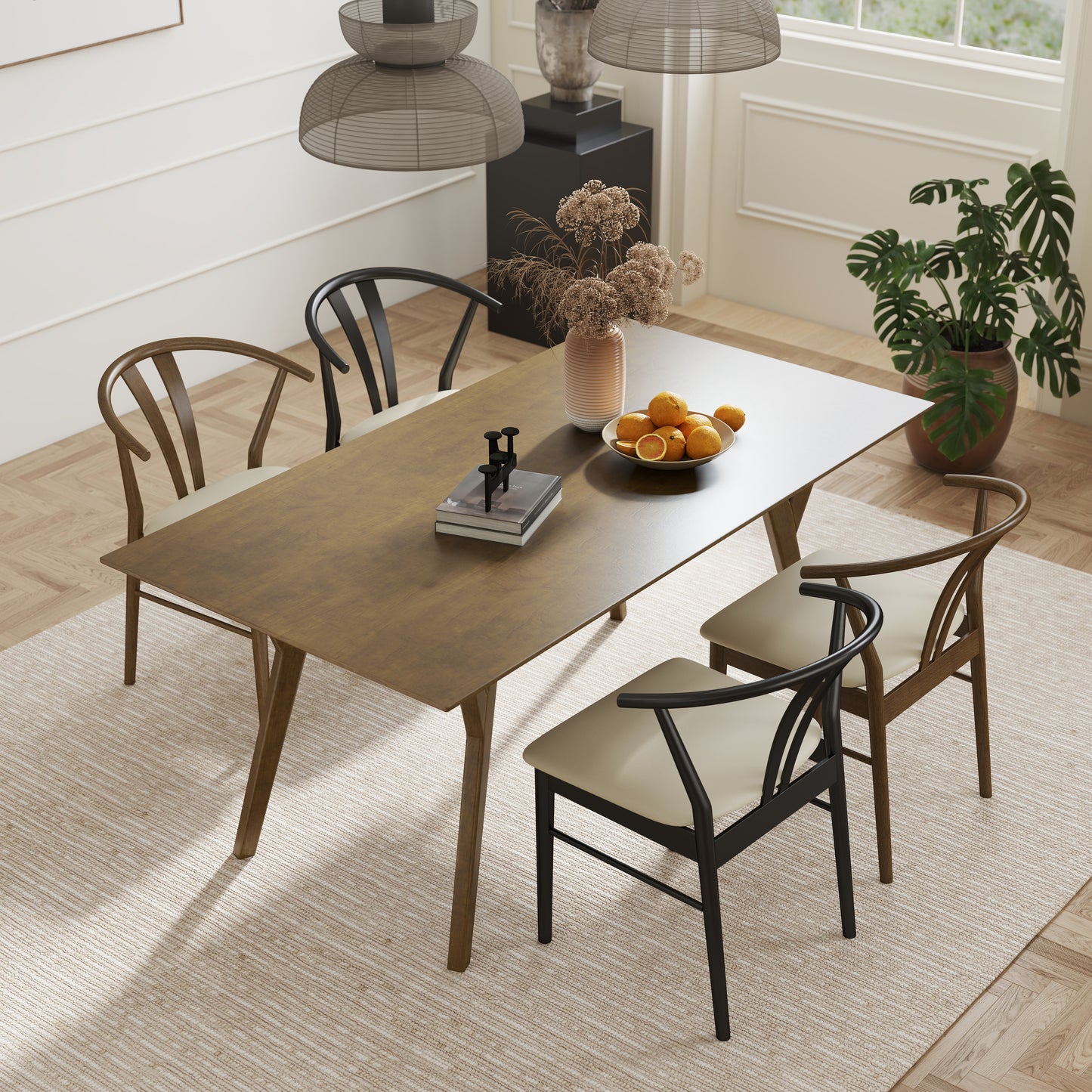 Roundhill Furniture Lavin Modern 5-Piece Dining Set, Dining Table with 2 Walnut and 2 Black Wishbone Chairs