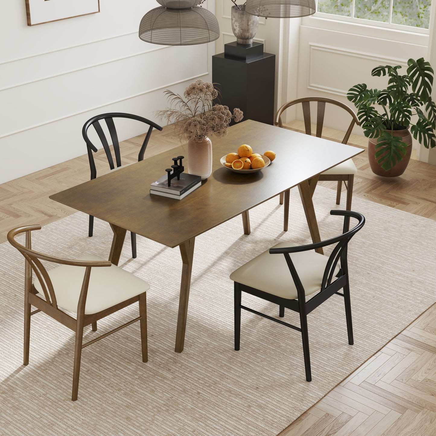 Roundhill Furniture Lavin Modern 5-Piece Dining Set, Dining Table with 2 Walnut and 2 Black Wishbone Chairs
