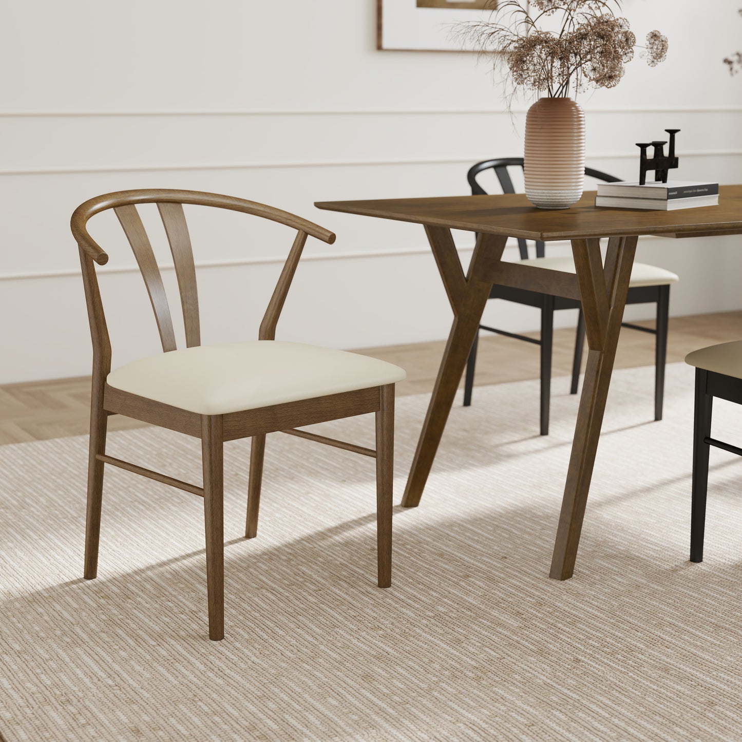 Roundhill Furniture Lavin Modern 5-Piece Dining Set, Dining Table with 2 Walnut and 2 Black Wishbone Chairs