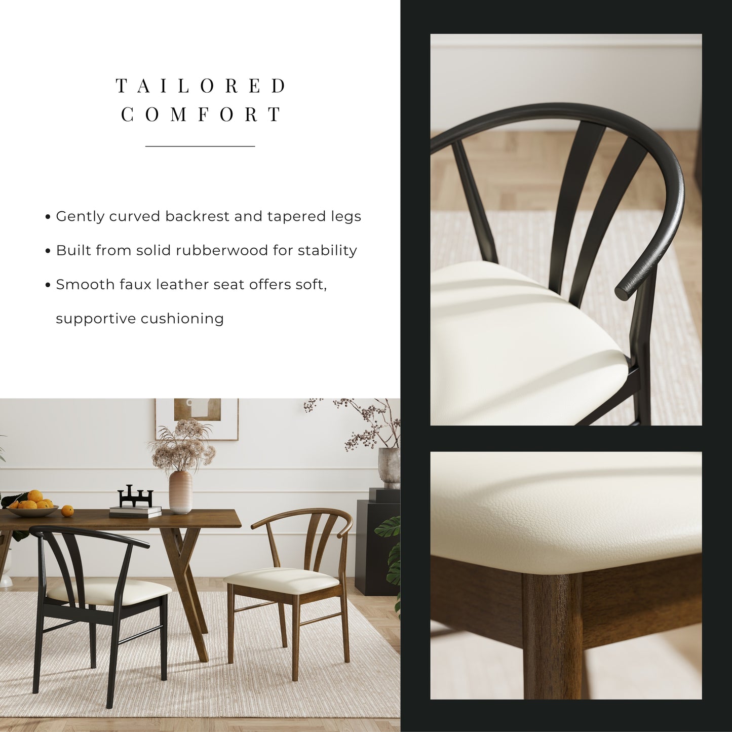 Roundhill Furniture Lavin Modern 5-Piece Dining Set, Dining Table with 2 Walnut and 2 Black Wishbone Chairs