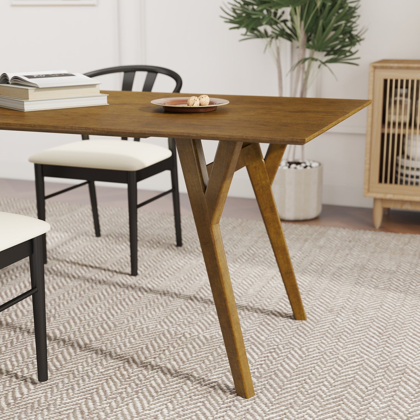 Roundhill Furniture Lavin Modern 5-Piece Dining Set, Dining Table with 2 Walnut and 2 Black Wishbone Chairs