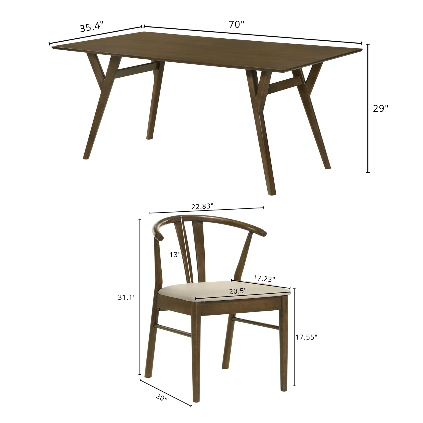 Roundhill Furniture Lavin Modern 5-Piece Dining Set, Dining Table with 2 Walnut and 2 Black Wishbone Chairs