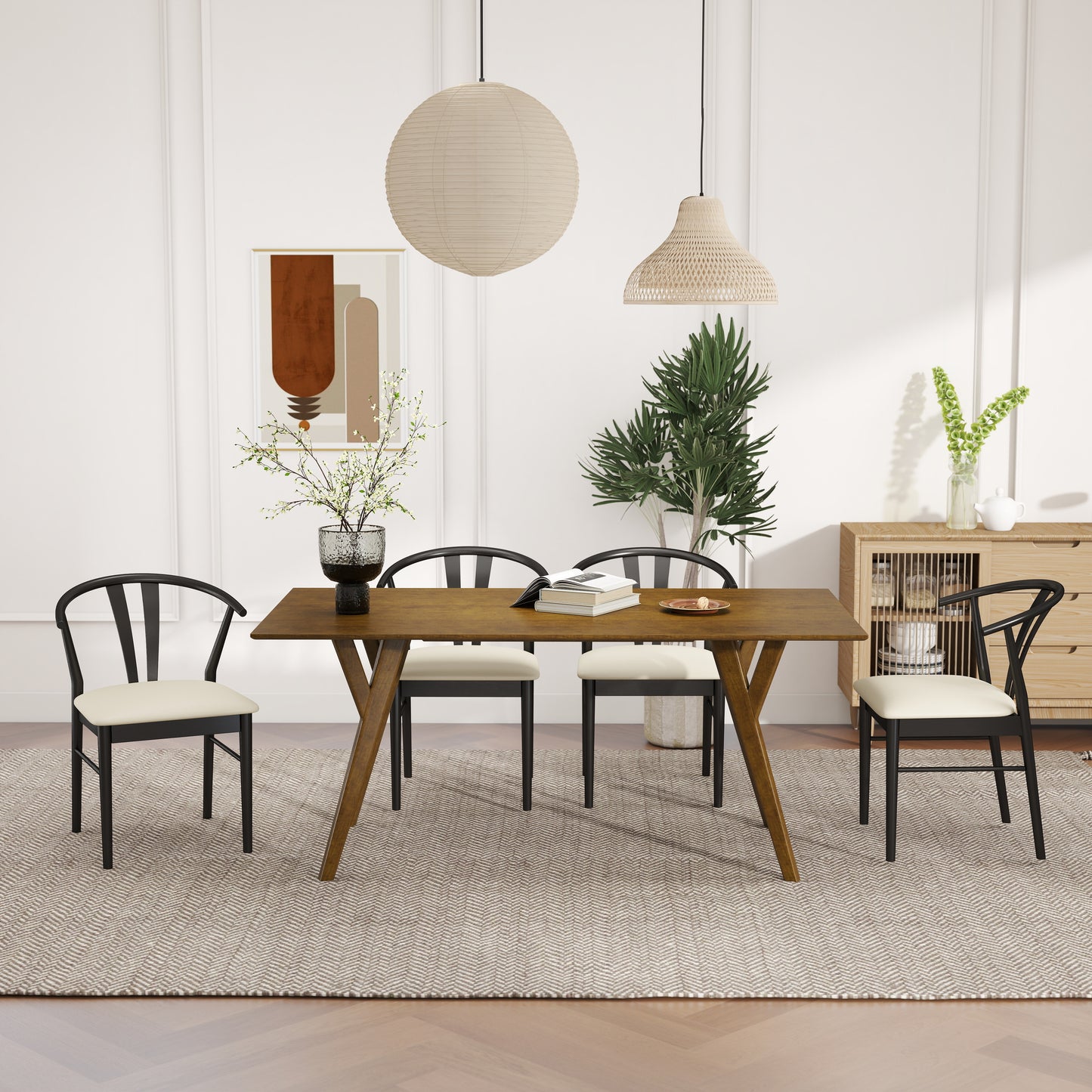 Roundhill Furniture Lavin Modern 5-Piece Dining Set, Walnut Finished Dining Table with 4 Wishbone Chairs