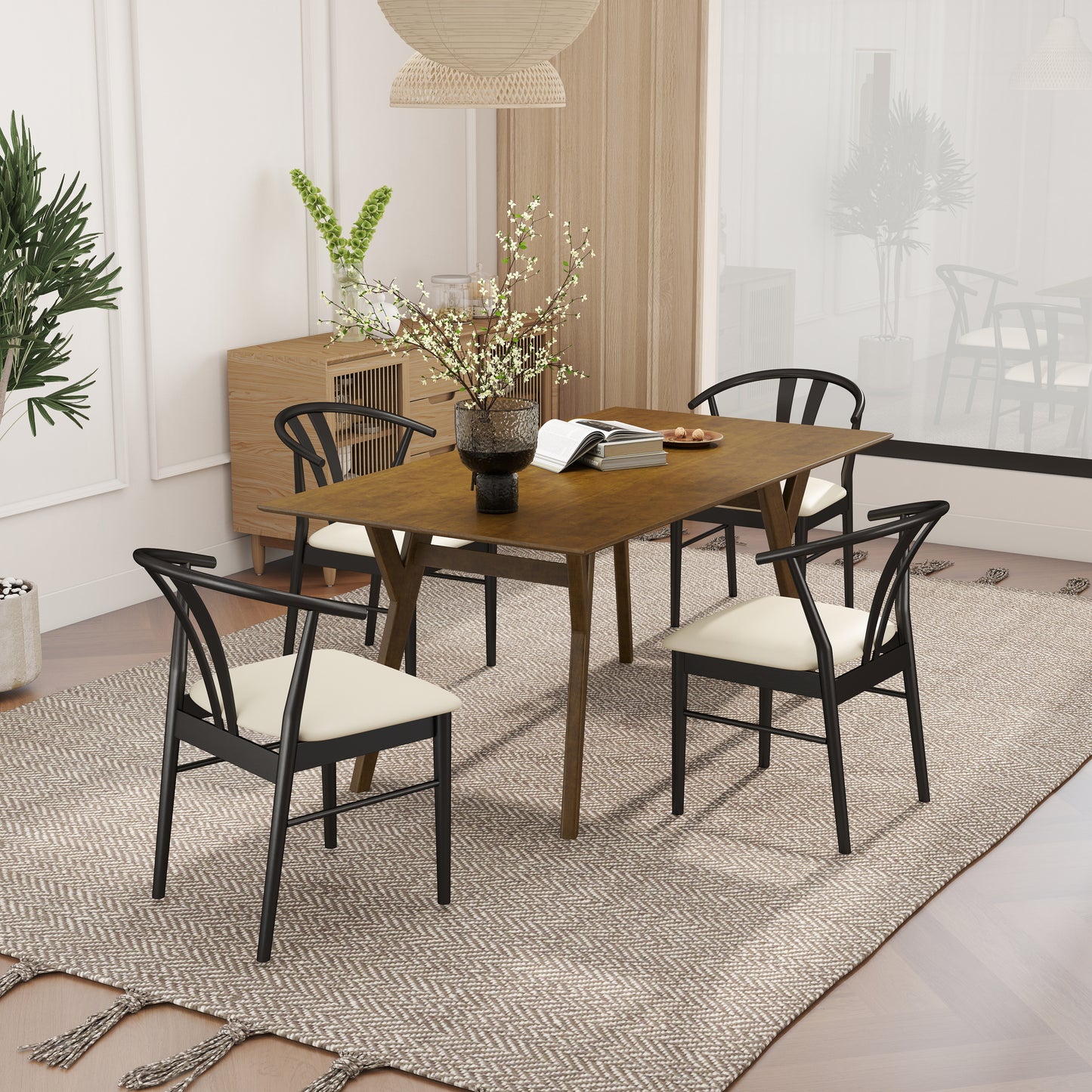 Roundhill Furniture Lavin Modern 5-Piece Dining Set, Walnut Finished Dining Table with 4 Wishbone Chairs