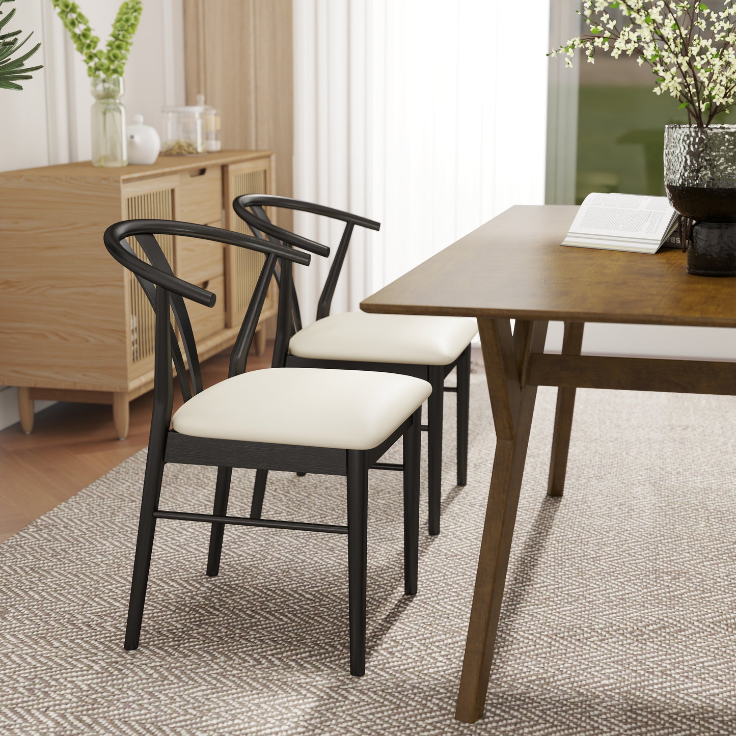 Roundhill Furniture Lavin Modern 5-Piece Dining Set, Walnut Finished Dining Table with 4 Wishbone Chairs