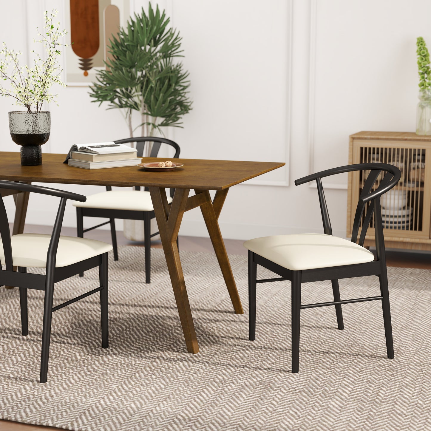 Roundhill Furniture Lavin Modern 5-Piece Dining Set, Walnut Finished Dining Table with 4 Wishbone Chairs