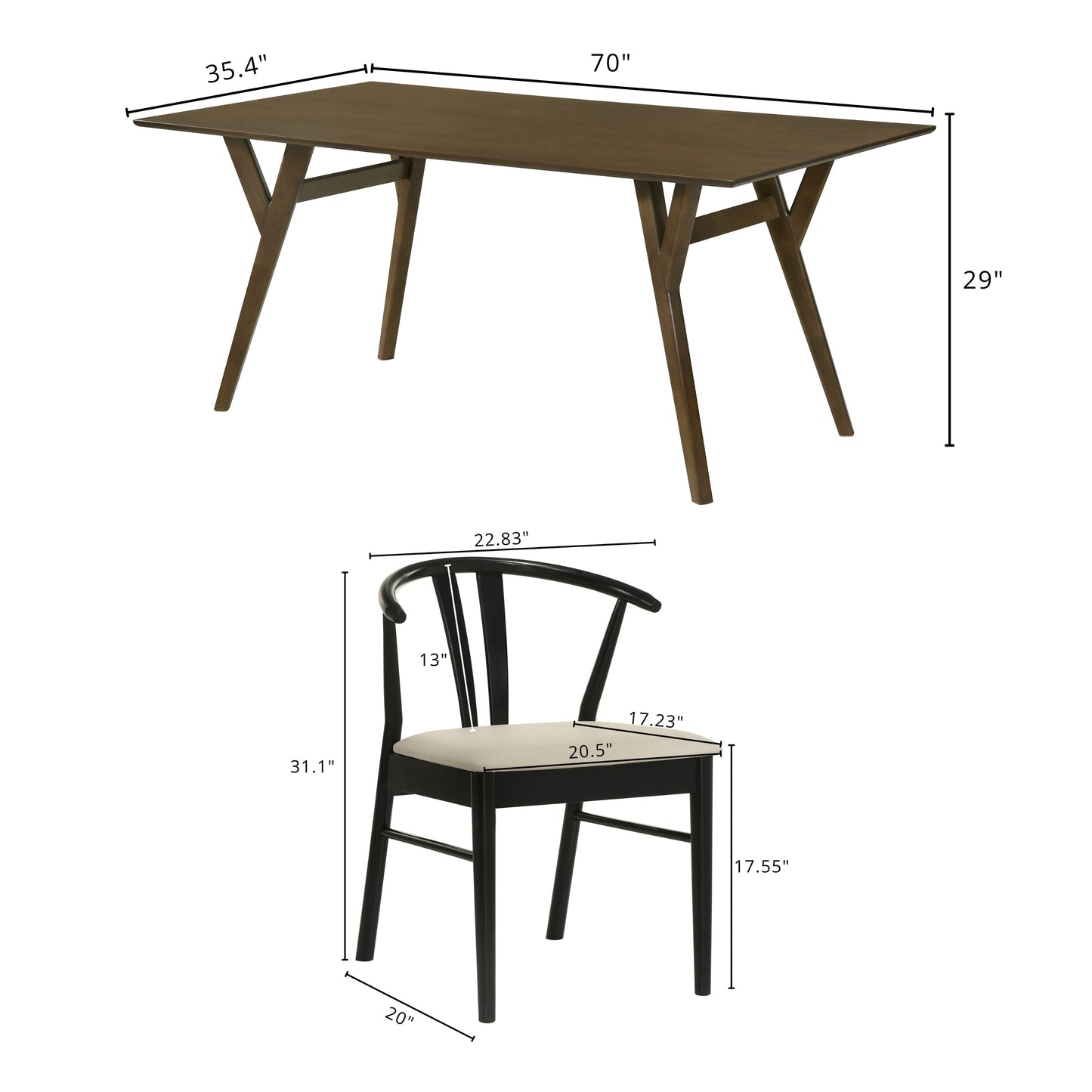 Roundhill Furniture Lavin Modern 5-Piece Dining Set, Walnut Finished Dining Table with 4 Wishbone Chairs