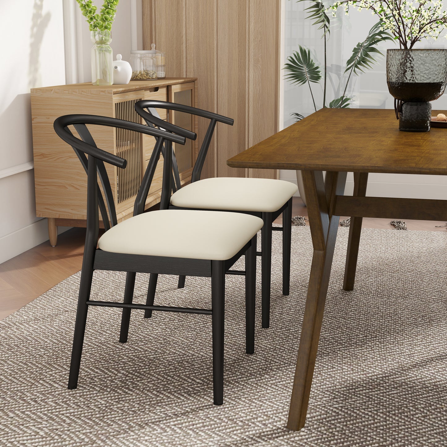 Roundhill Furniture Lavin Modern 7-Piece Dining Set, Walnut Finished Dining Table with 6 Wishbone Chairs