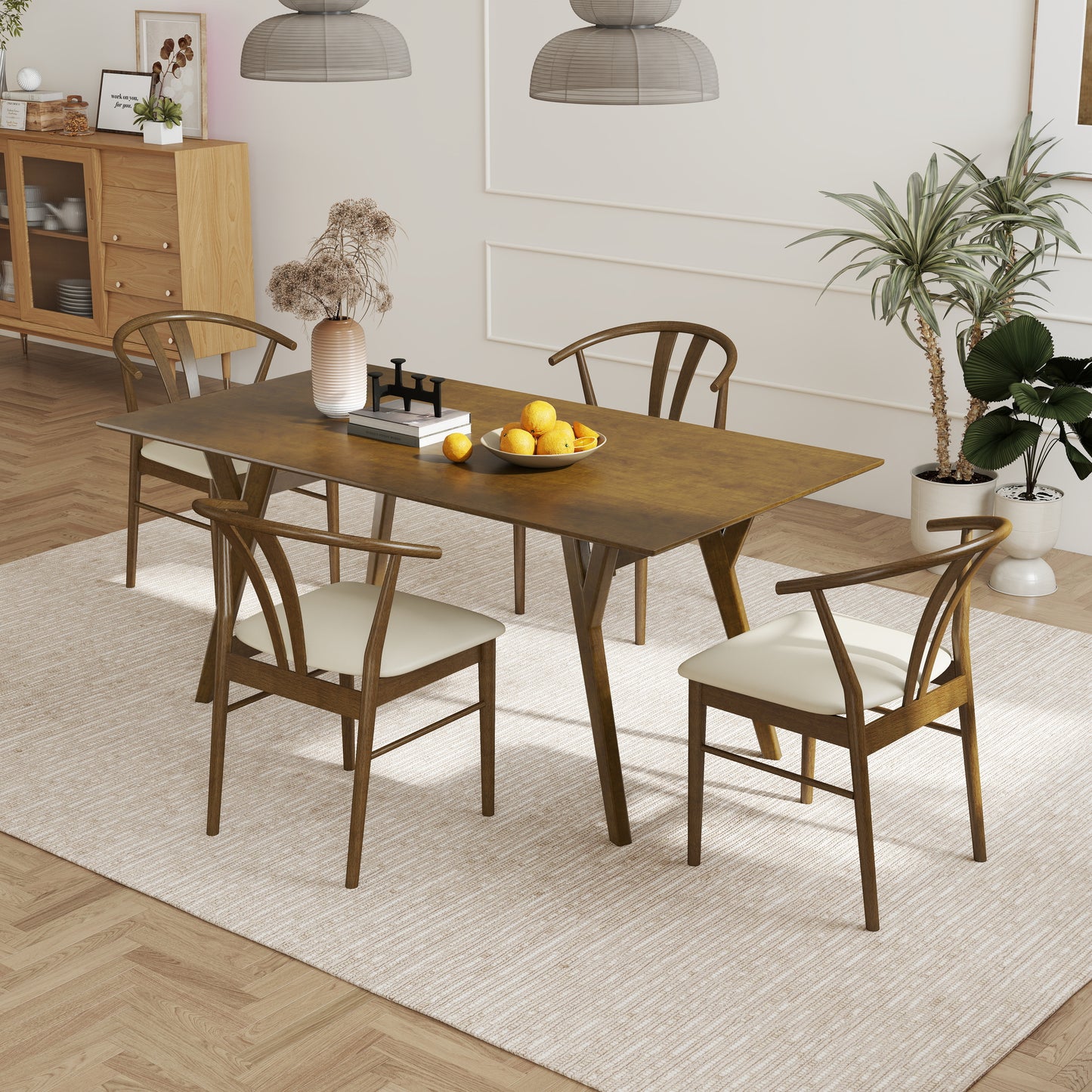 Roundhill Furniture Lavin Modern 5-Piece Dining Set, Walnut Finished Dining Table with 4 Wishbone Chairs
