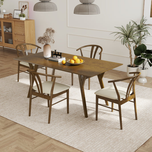Roundhill Furniture Lavin Modern 5-Piece Dining Set, Walnut Finished Dining Table with 4 Wishbone Chairs