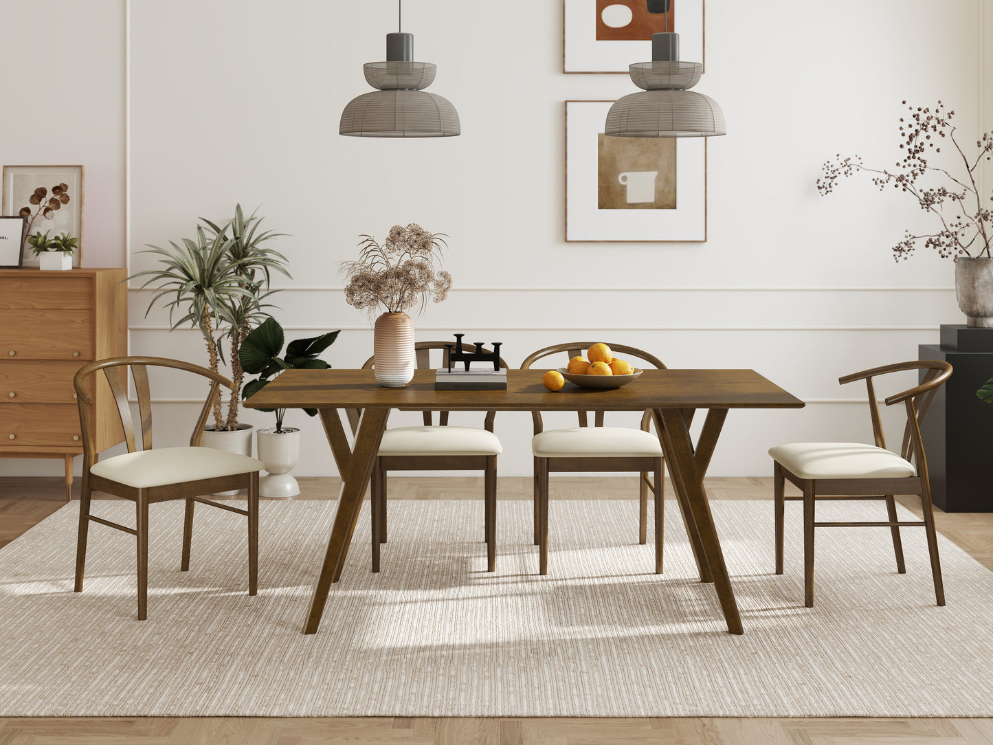 Roundhill Furniture Lavin Modern 5-Piece Dining Set, Walnut Finished Dining Table with 4 Wishbone Chairs