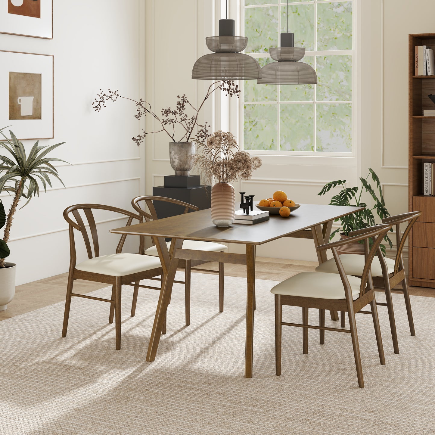 Roundhill Furniture Lavin Modern 5-Piece Dining Set, Walnut Finished Dining Table with 4 Wishbone Chairs