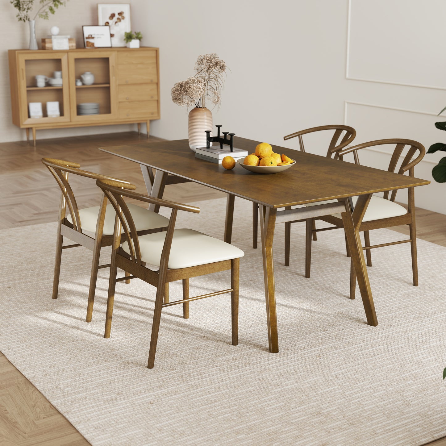 Roundhill Furniture Lavin Modern 5-Piece Dining Set, Walnut Finished Dining Table with 4 Wishbone Chairs