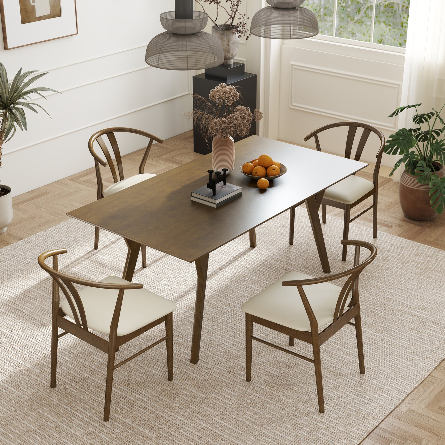 Roundhill Furniture Lavin Modern 5-Piece Dining Set, Walnut Finished Dining Table with 4 Wishbone Chairs