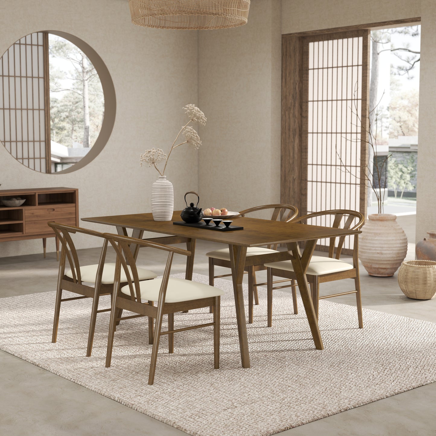 Roundhill Furniture Lavin Modern 5-Piece Dining Set, Walnut Finished Dining Table with 4 Wishbone Chairs
