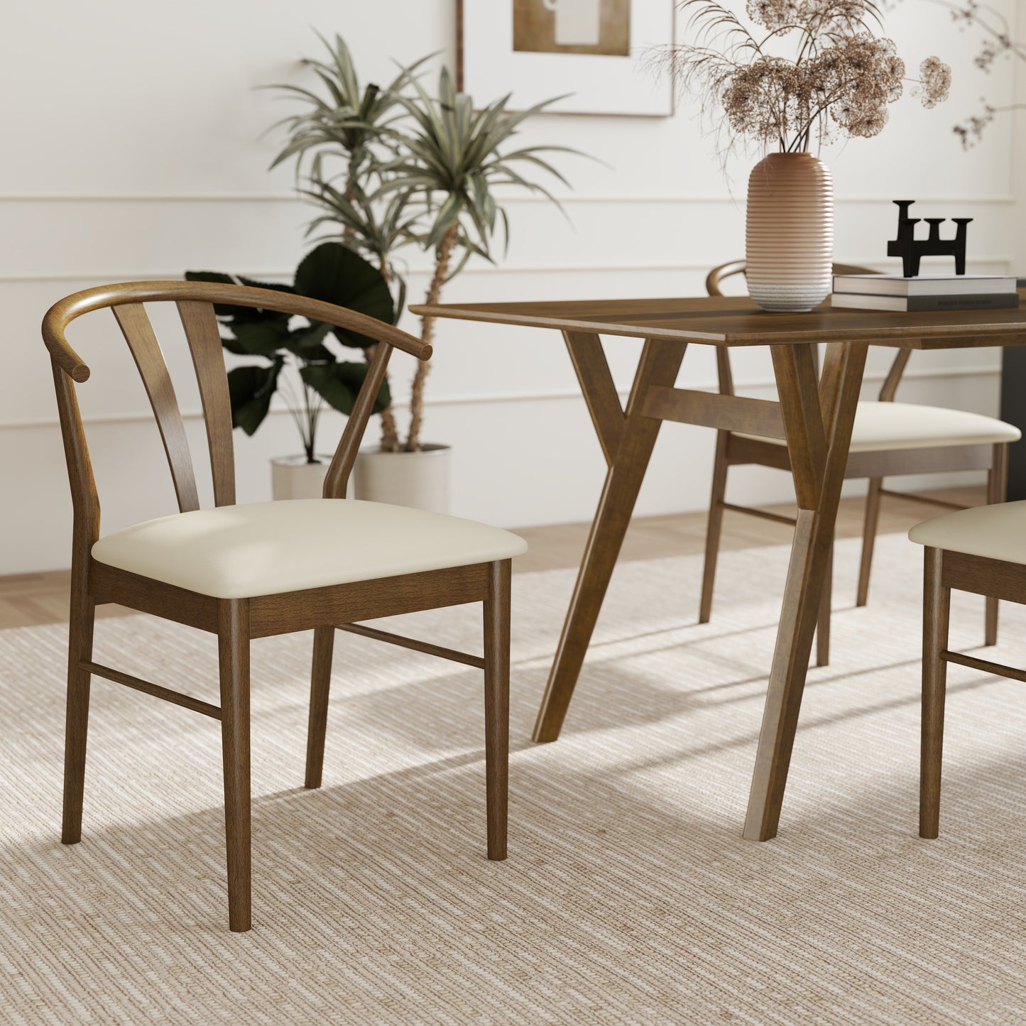 Roundhill Furniture Lavin Modern 5-Piece Dining Set, Walnut Finished Dining Table with 4 Wishbone Chairs