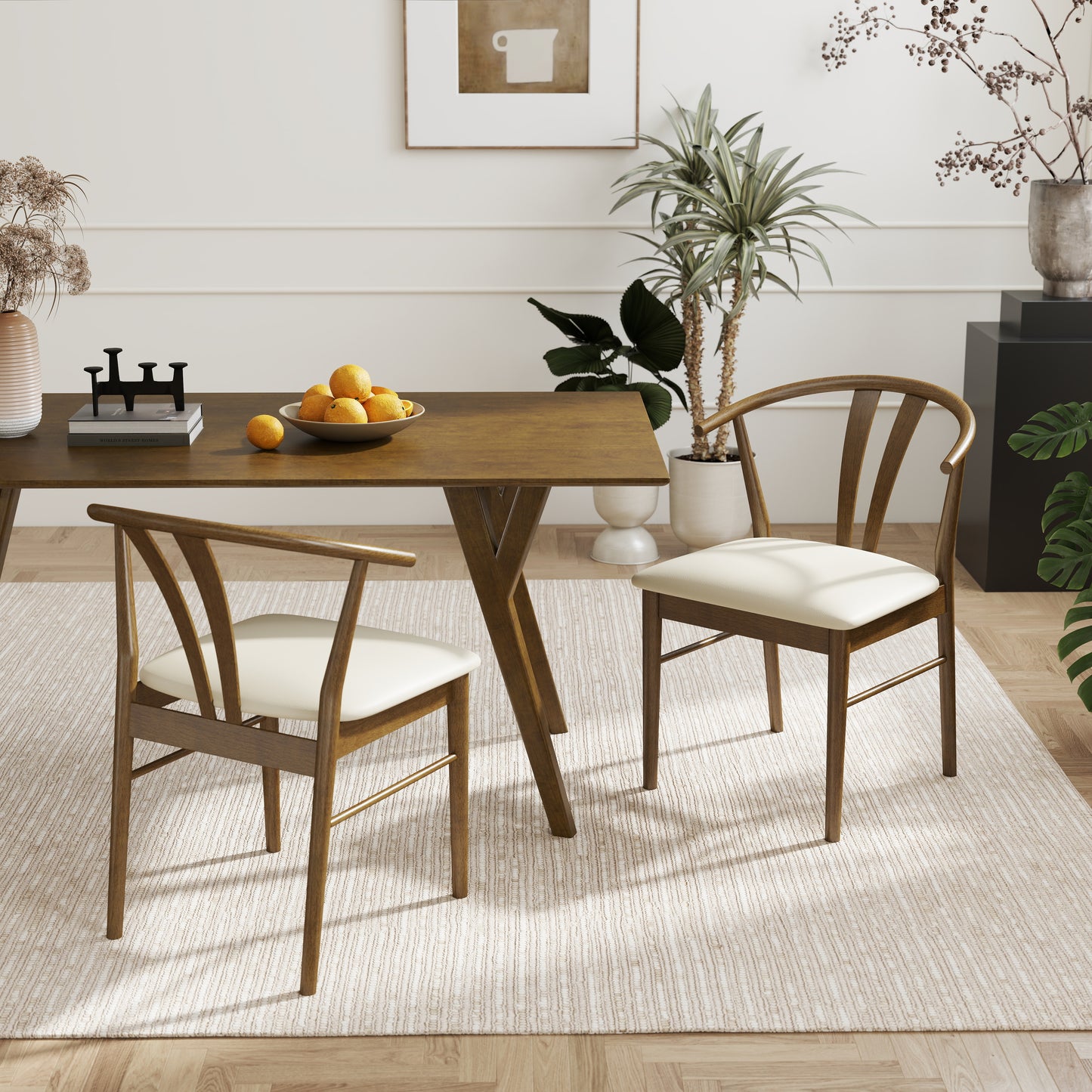 Roundhill Furniture Lavin Modern 5-Piece Dining Set, Walnut Finished Dining Table with 4 Wishbone Chairs