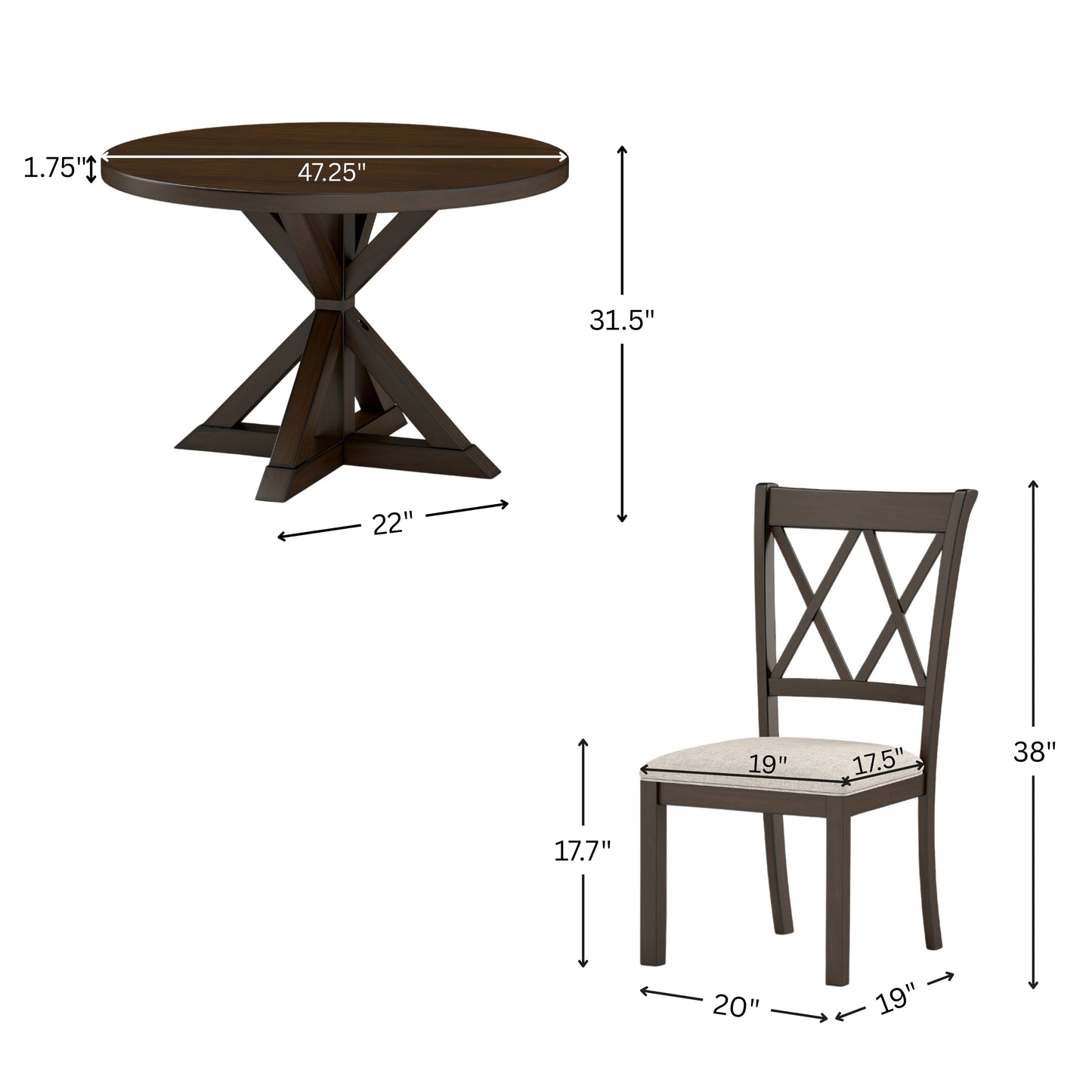 Windvale 5-Piece Dining Set, Cross-Buck Round Table with 4 Stylish Chairs