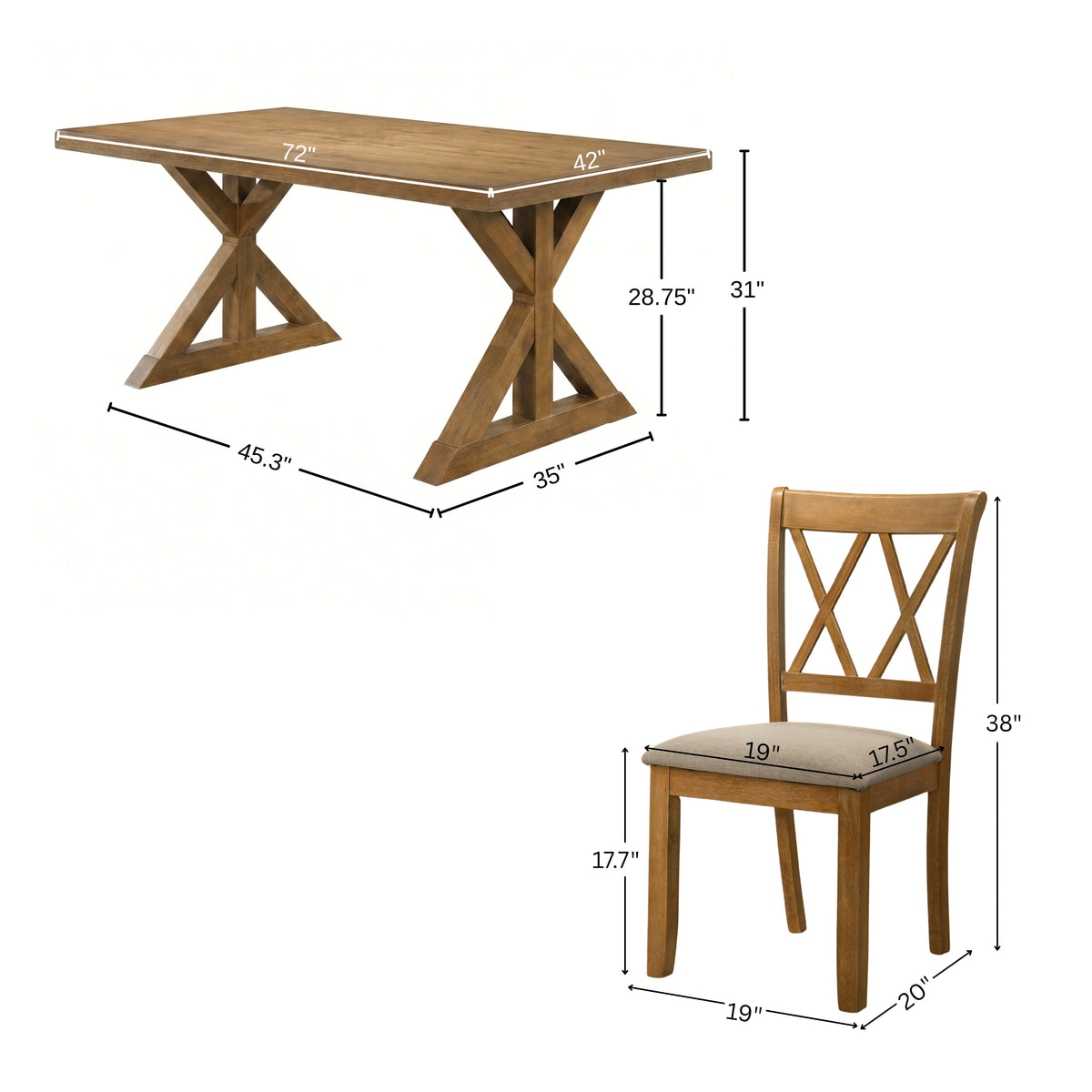 Enna Morden Farmhouse Wood 5-Piece Trestle Dining Set, Brushed Driftwood Finish