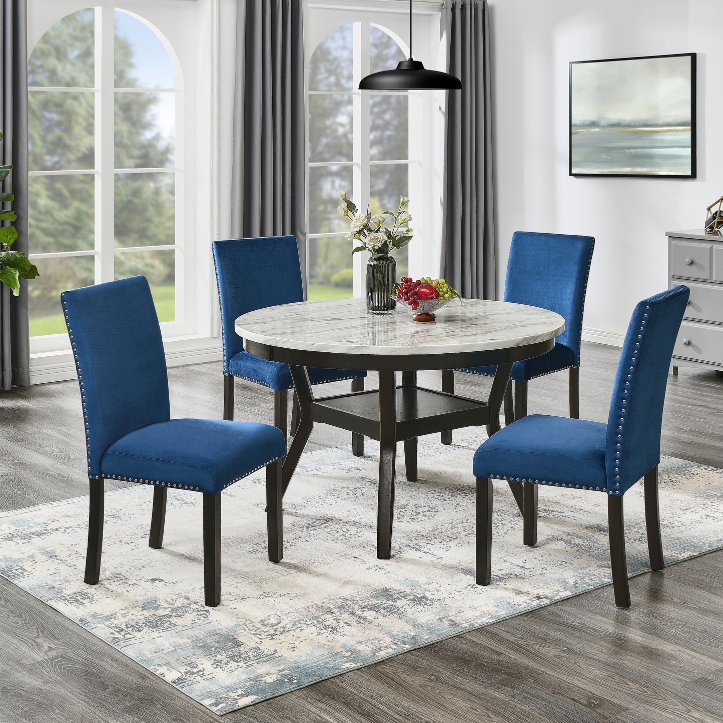 Roundhill Furniture 5-Piece Mella Dining Set - Round Faux Marble Table with 4 Velvet Parsons Chairs, Dark Espresso Finish