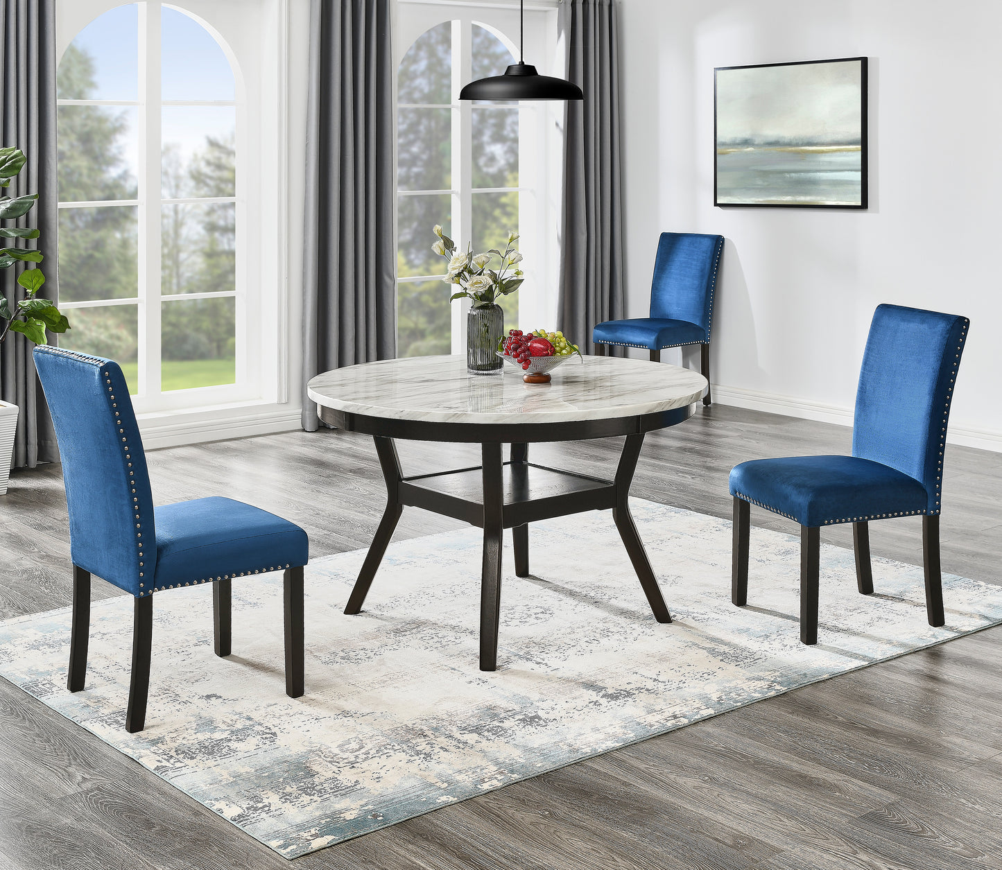 Roundhill Furniture 5-Piece Mella Dining Set - Round Faux Marble Table with 4 Velvet Parsons Chairs, Dark Espresso Finish