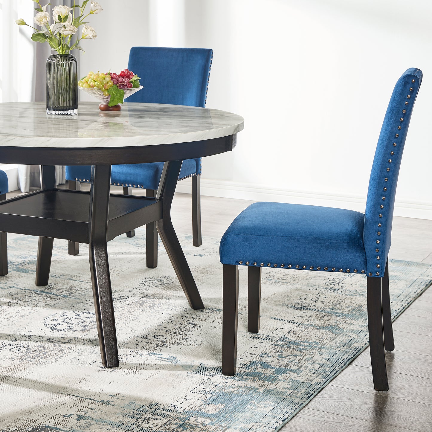 Roundhill Furniture 5-Piece Mella Dining Set - Round Faux Marble Table with 4 Velvet Parsons Chairs, Dark Espresso Finish