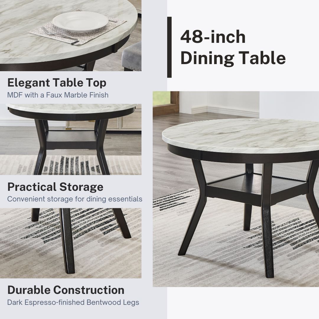 Roundhill Furniture 5-Piece Mella Dining Set - Round Faux Marble Table with 4 Velvet Parsons Chairs, Dark Espresso Finish