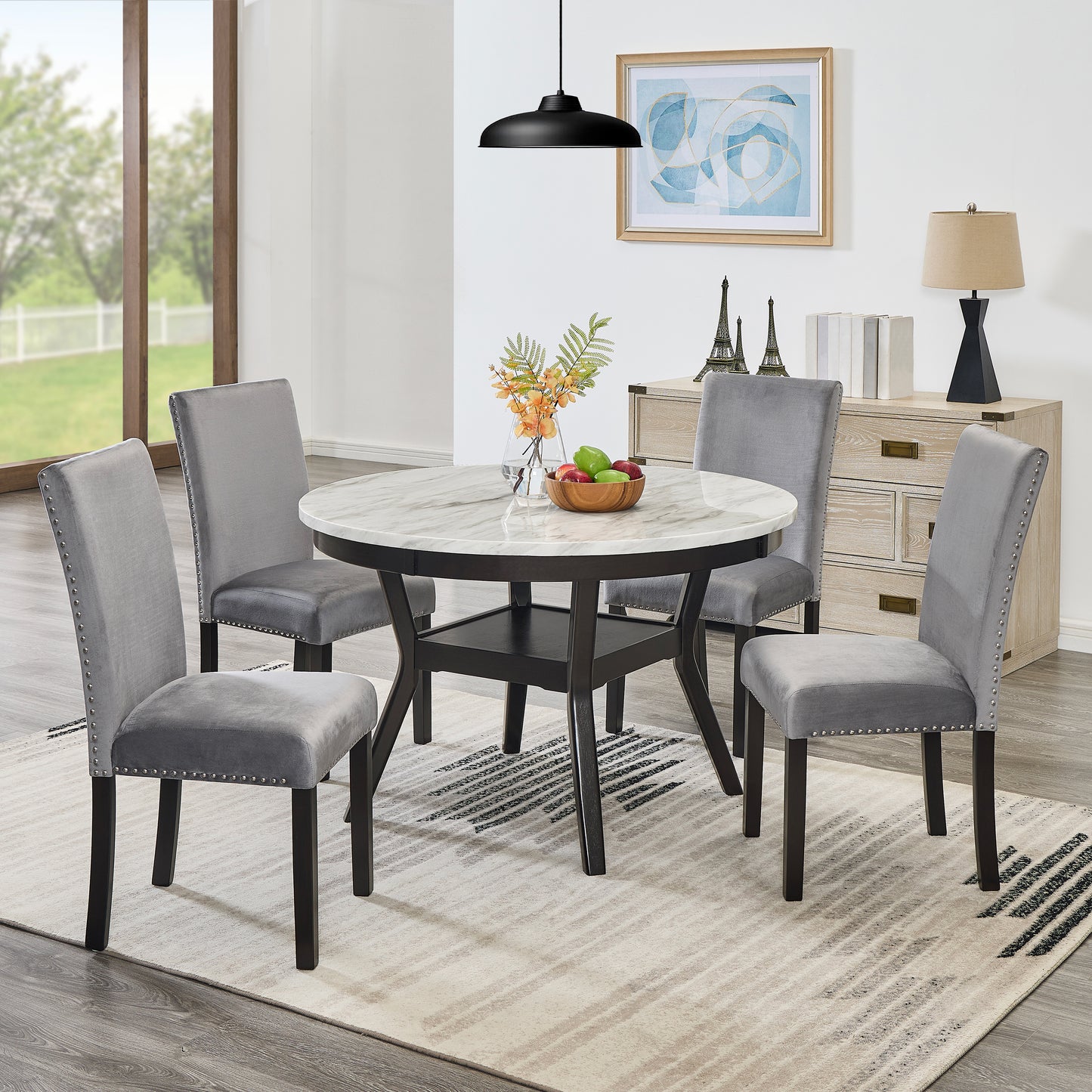 Roundhill Furniture 5-Piece Mella Dining Set - Round Faux Marble Table with 4 Velvet Parsons Chairs, Dark Espresso Finish