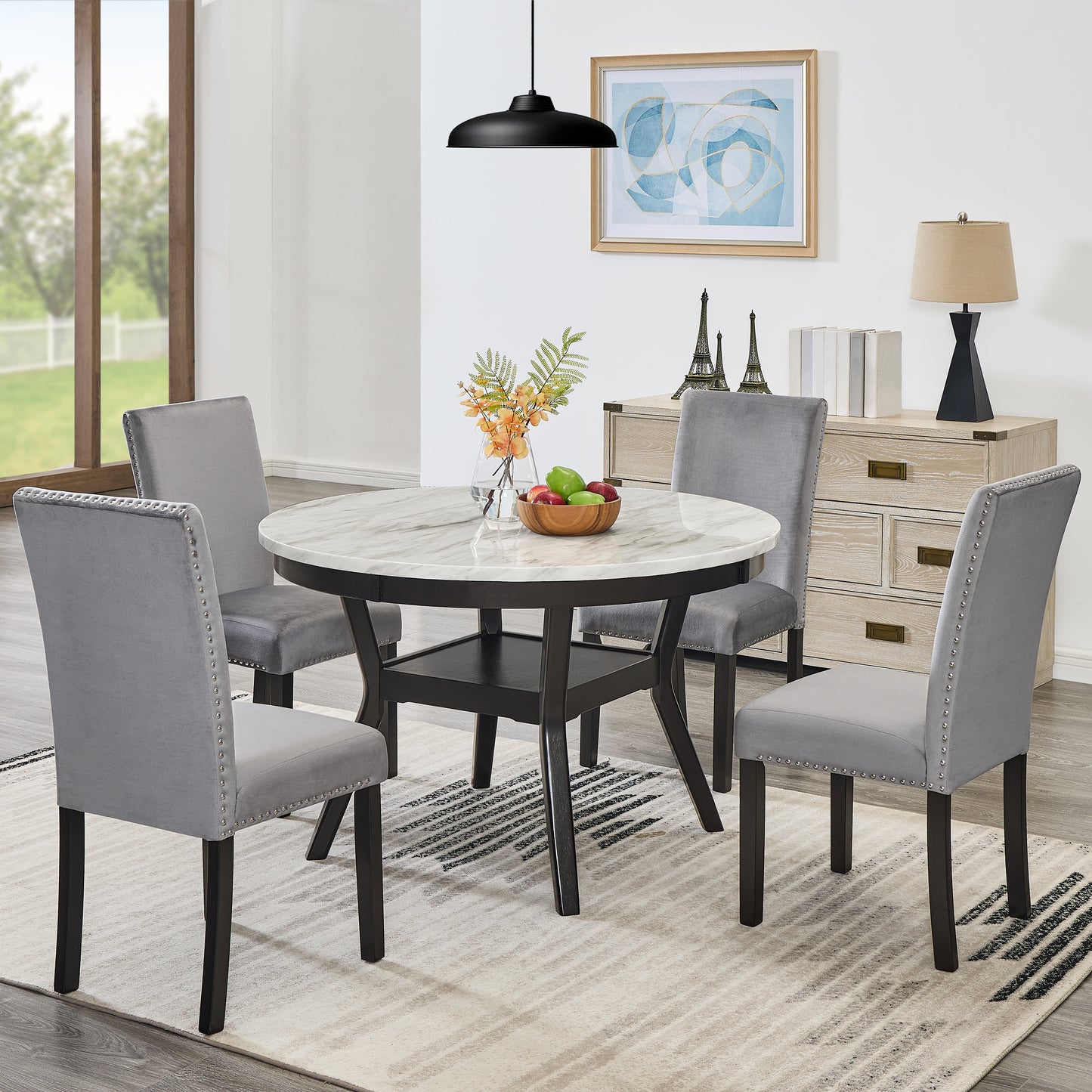 Roundhill Furniture 5-Piece Mella Dining Set - Round Faux Marble Table with 4 Velvet Parsons Chairs, Dark Espresso Finish