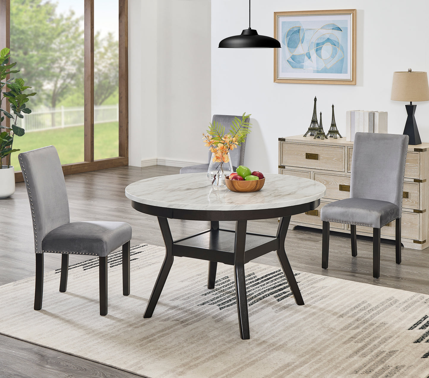 Roundhill Furniture 5-Piece Mella Dining Set - Round Faux Marble Table with 4 Velvet Parsons Chairs, Dark Espresso Finish