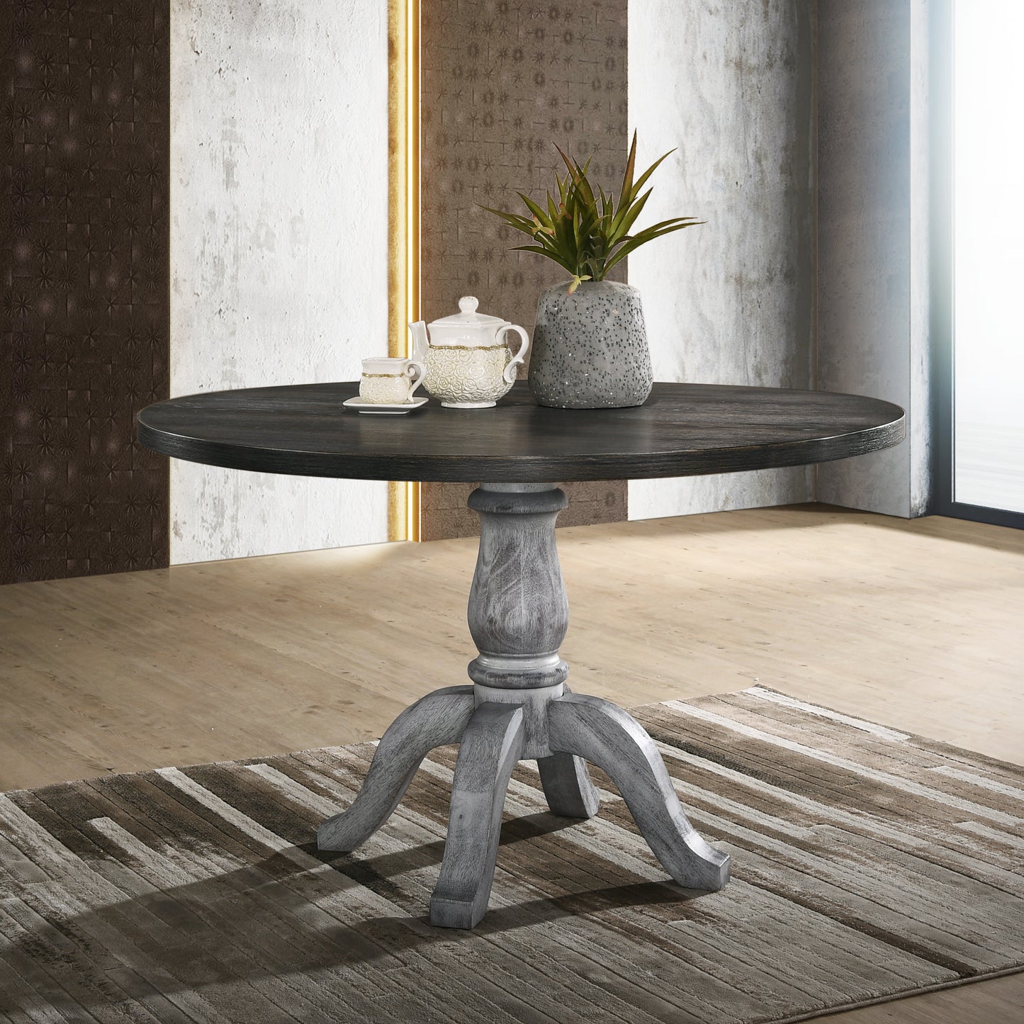 Roundhill Furniture Iris 5-Piece Dining Set, Round Pedestal Table with 4 Chairs, Weathered White and Gray