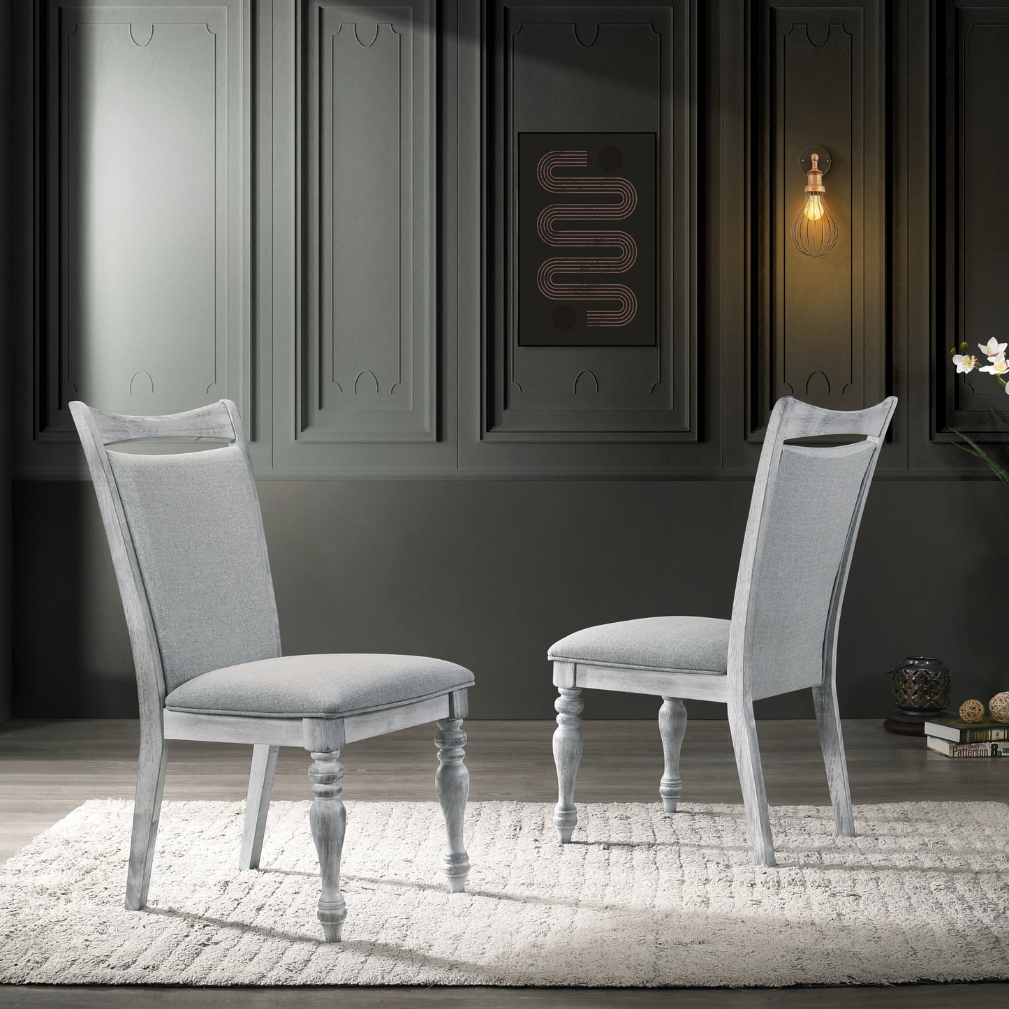Roundhill Furniture Iris 5-Piece Dining Set, Round Pedestal Table with 4 Chairs, Weathered White and Gray