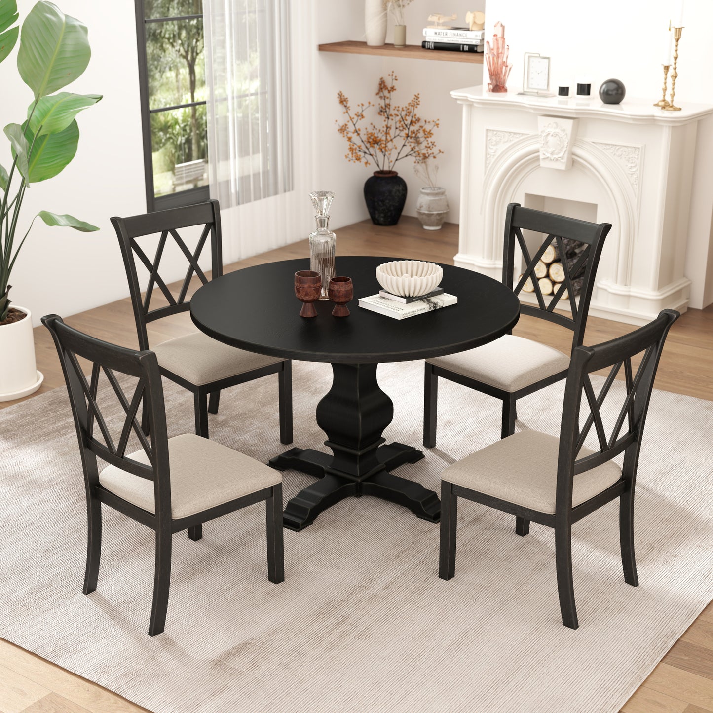Havre 5-Piece Dining Set, Pedestal Round Table with 4 Stylish Chairs