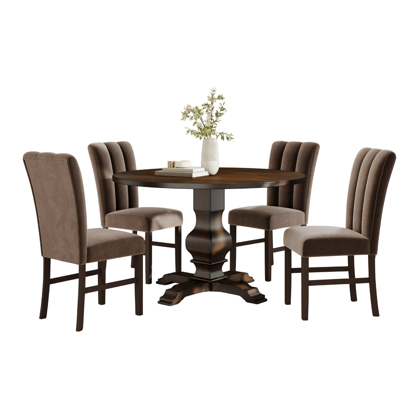 Roundhill Furniture Havre 5-Piece Dining Set, Pedestal Round Table with 4 Stylish Chairs, Espresso