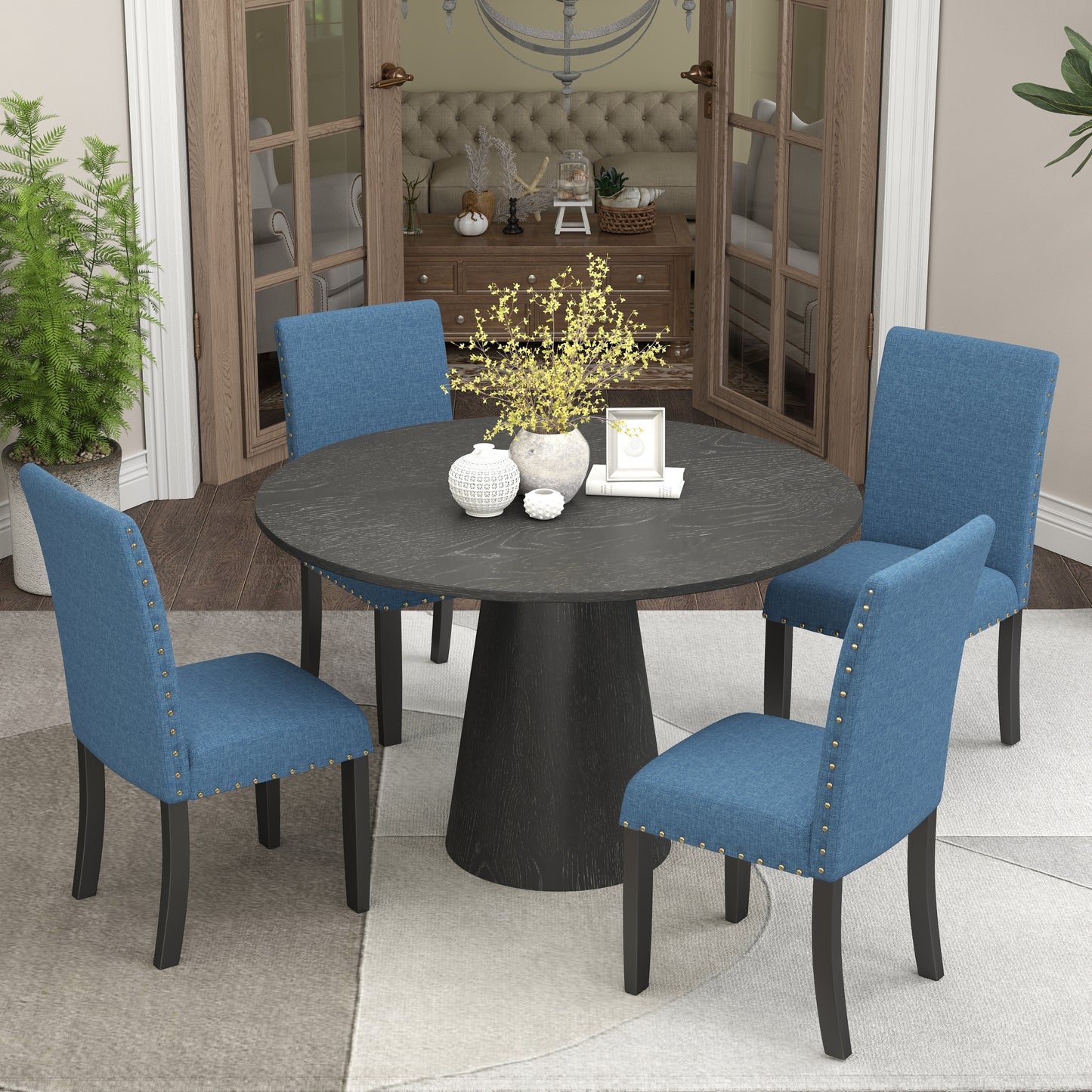 Nuevo 5-Piece Round Dining Set, Pedestal Dining Table with 4 Chairs