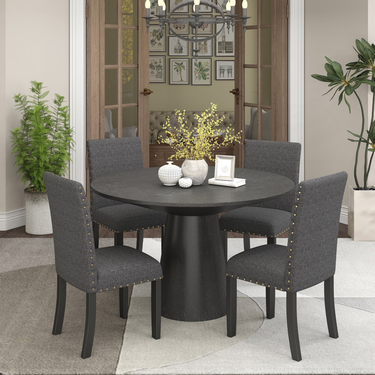Nuevo 5-Piece Round Dining Set, Pedestal Dining Table with 4 Chairs