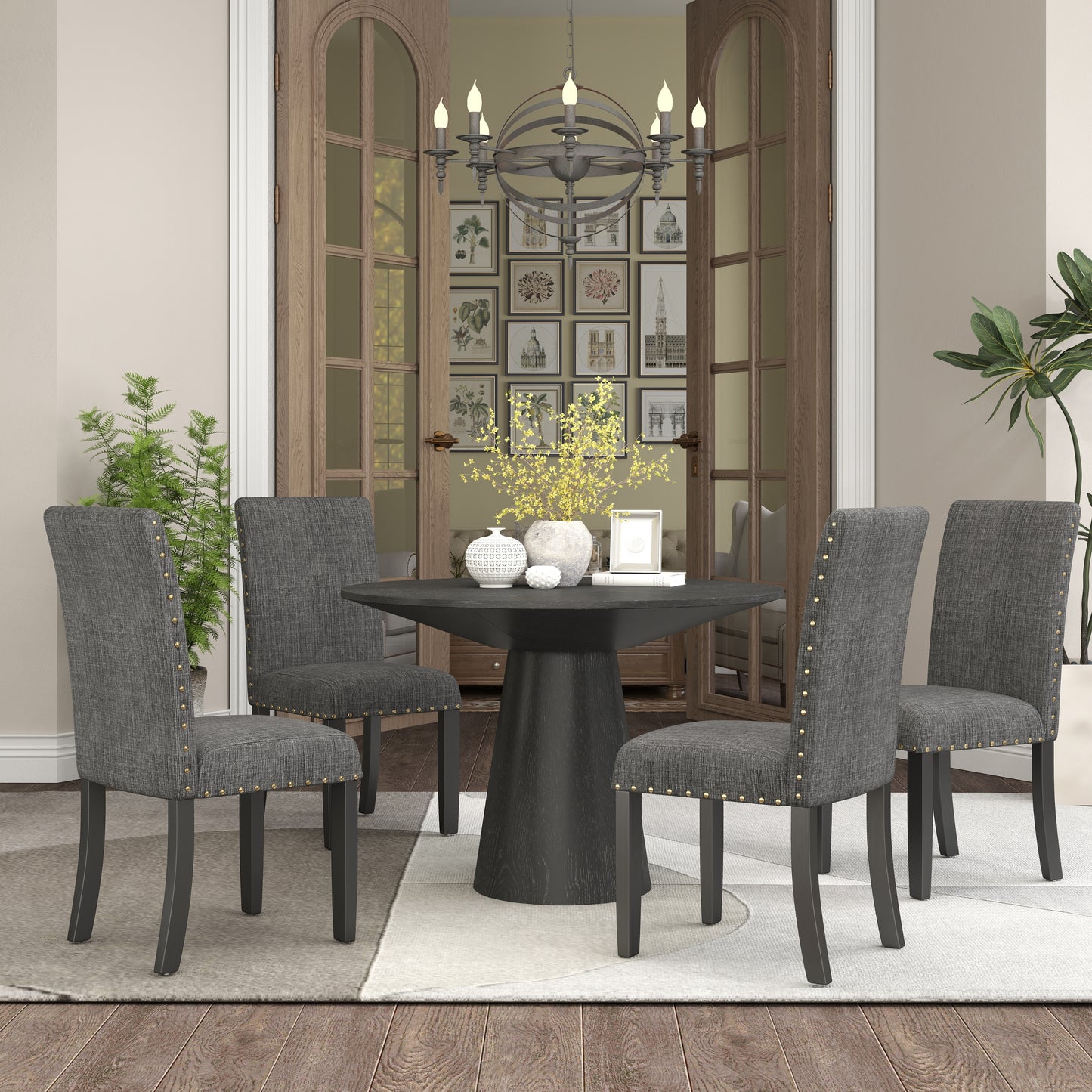 Nuevo 5-Piece Round Dining Set, Pedestal Dining Table with 4 Chairs