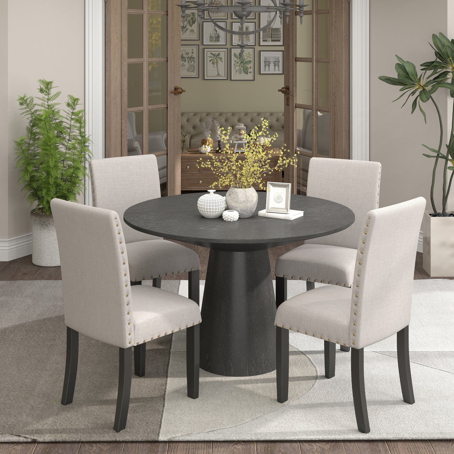 Nuevo 5-Piece Round Dining Set, Pedestal Dining Table with 4 Chairs