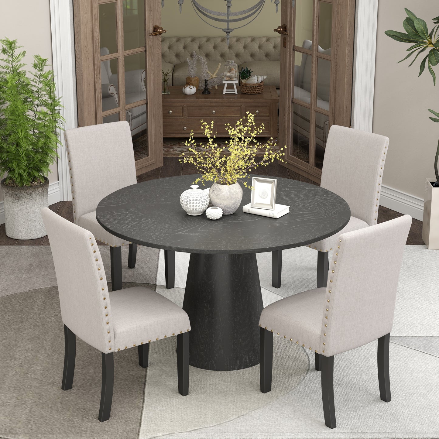 Nuevo 5-Piece Round Dining Set, Pedestal Dining Table with 4 Chairs