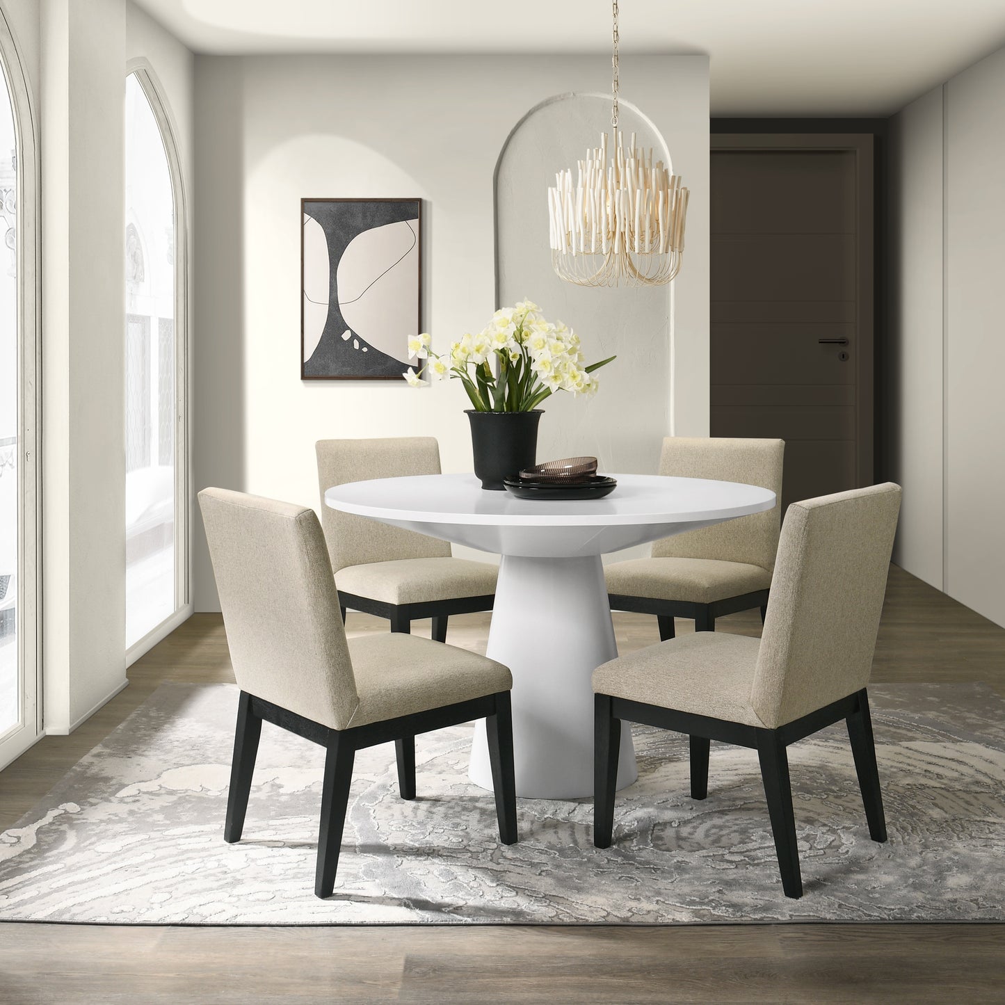 Rocco Contemporary 5-Piece Dining Set, Round Pedestal Table with 4 Chairs