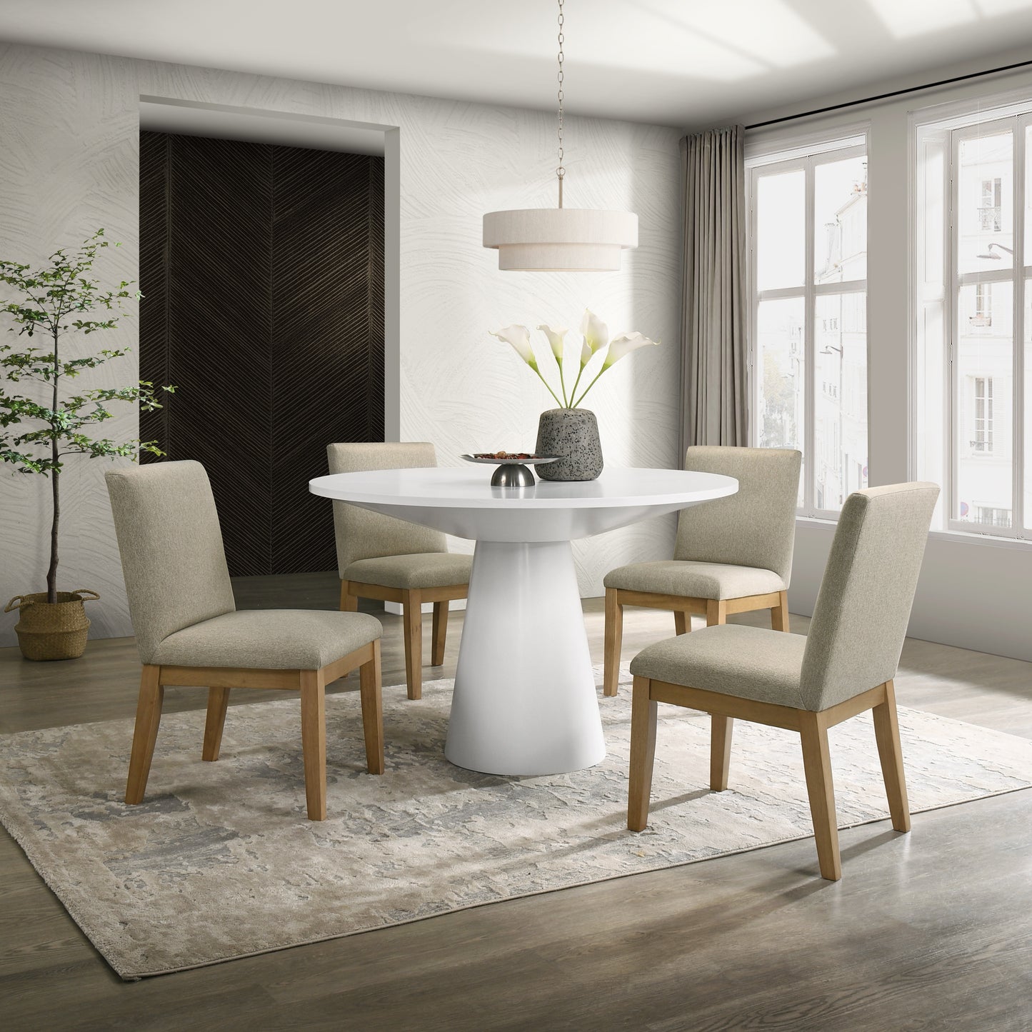 Rocco Contemporary 5-Piece Dining Set, Round Pedestal Table with 4 Chairs