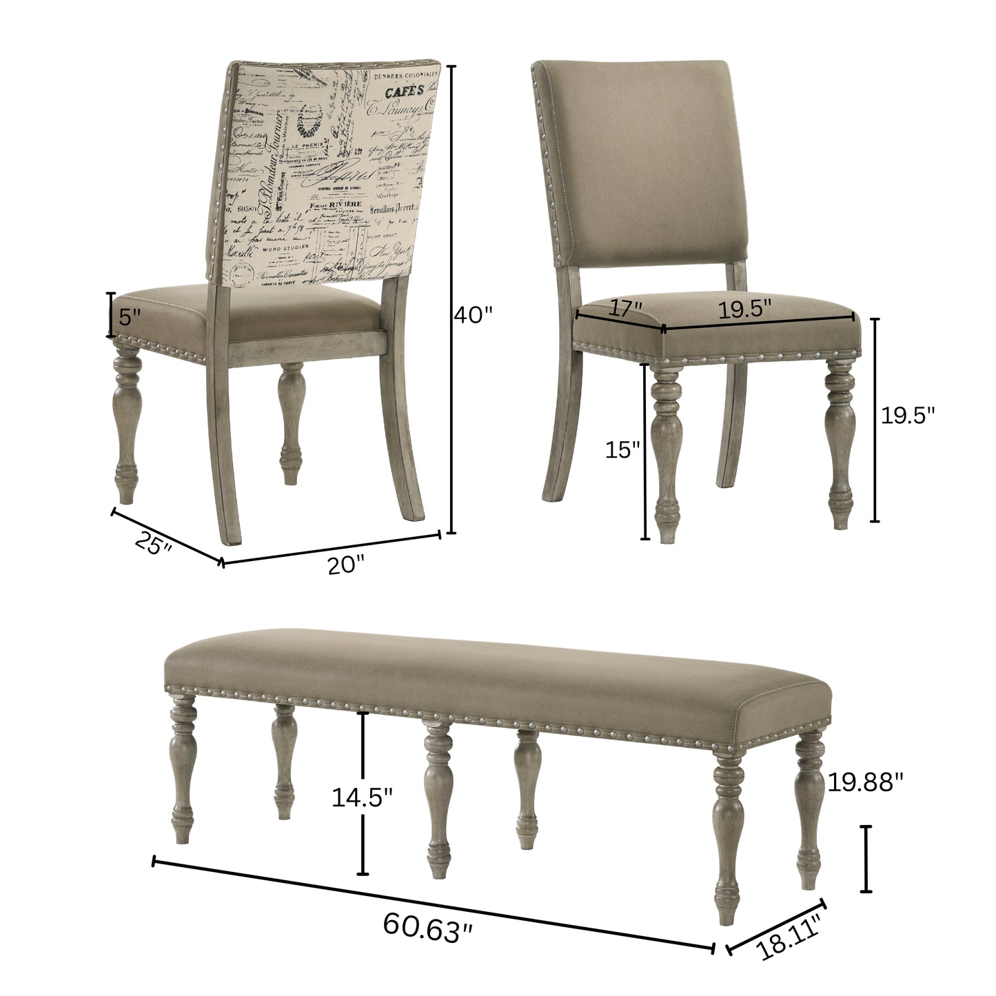 Roundhill Furniture Birmingham Nailhead 8-Piece Table with Nailhead Bench and Armchair Dining Set, Driftwood