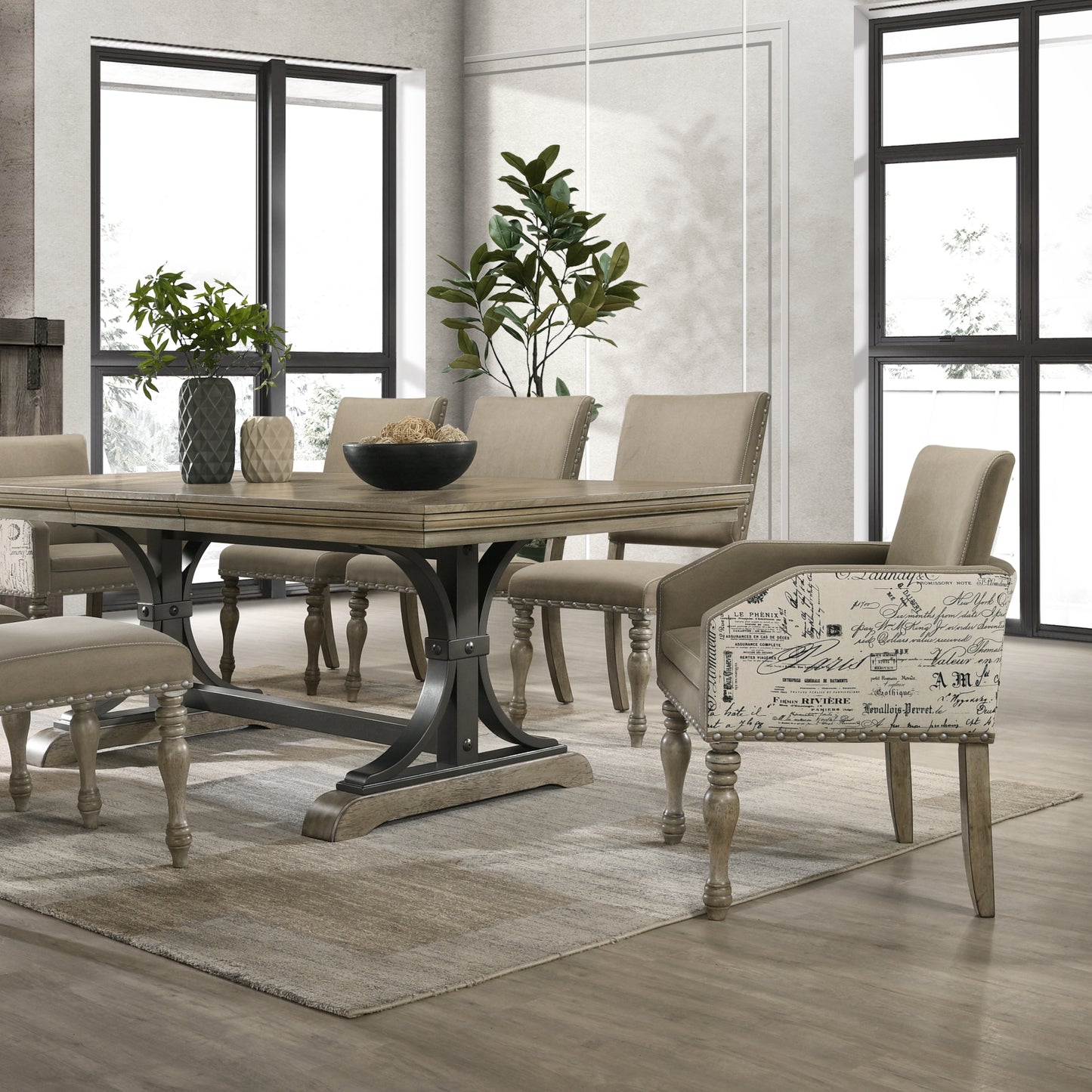 Roundhill Furniture Birmingham 7-Piece Dining Set, Extendable Table with Nailhead Chairs, Driftwood Finish